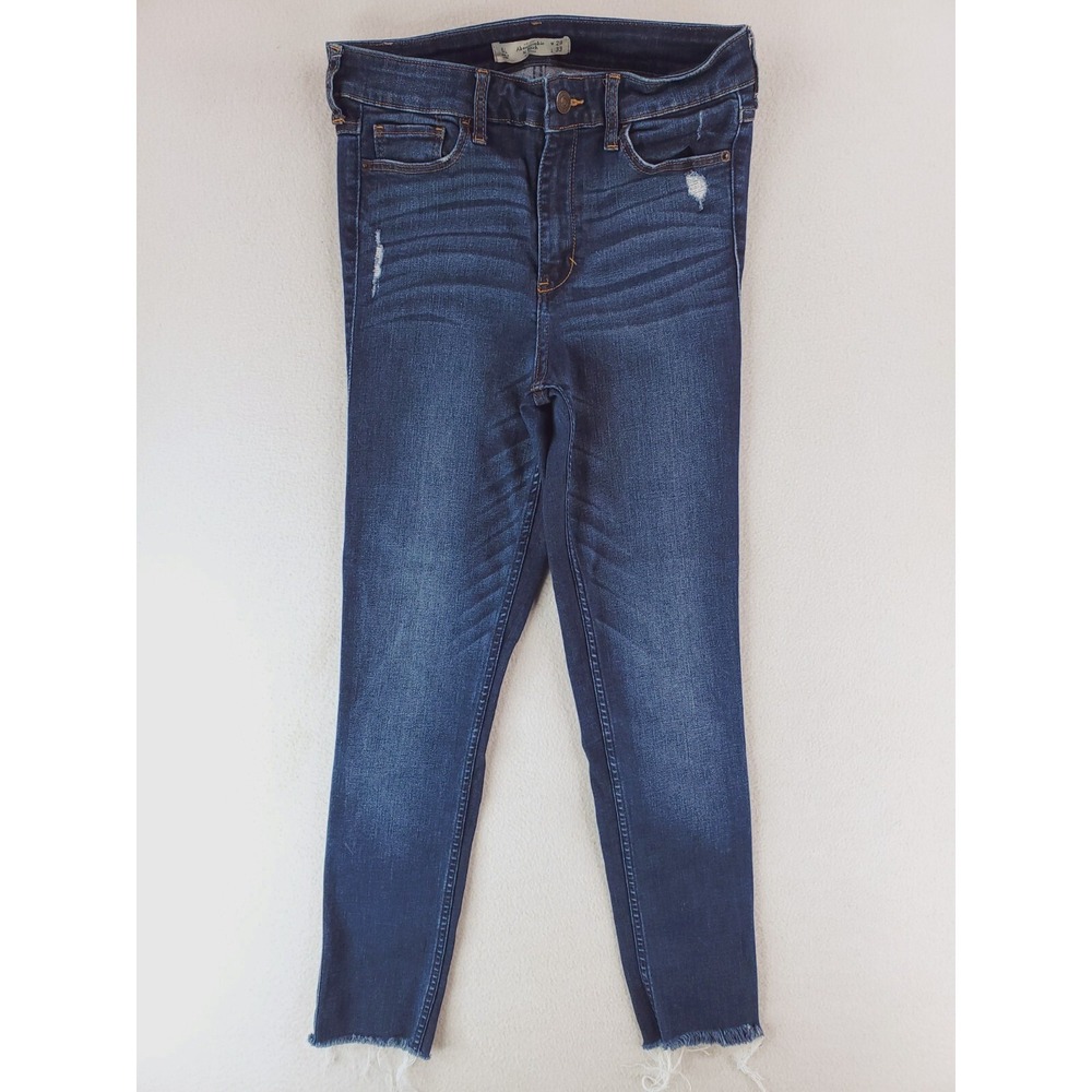 Abercrombie Fitch Jeans Womens 6 Long Blue Distressed Skinny Ankle Whiskers Dark